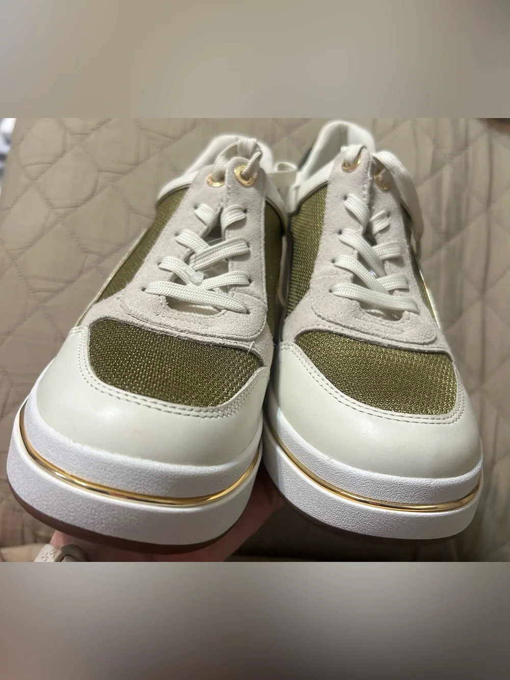 Michael Kors Emmy Mixed Media Wedge Trainer Sneaker Husk Olive Gold 9.5